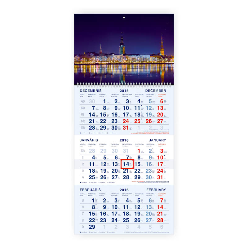 Sienas kalendārs 2022 gadam Mobile Serviss Standart, divdaļīgs ar metāla spirāli, Rīga (Nr.1), zilas lapas