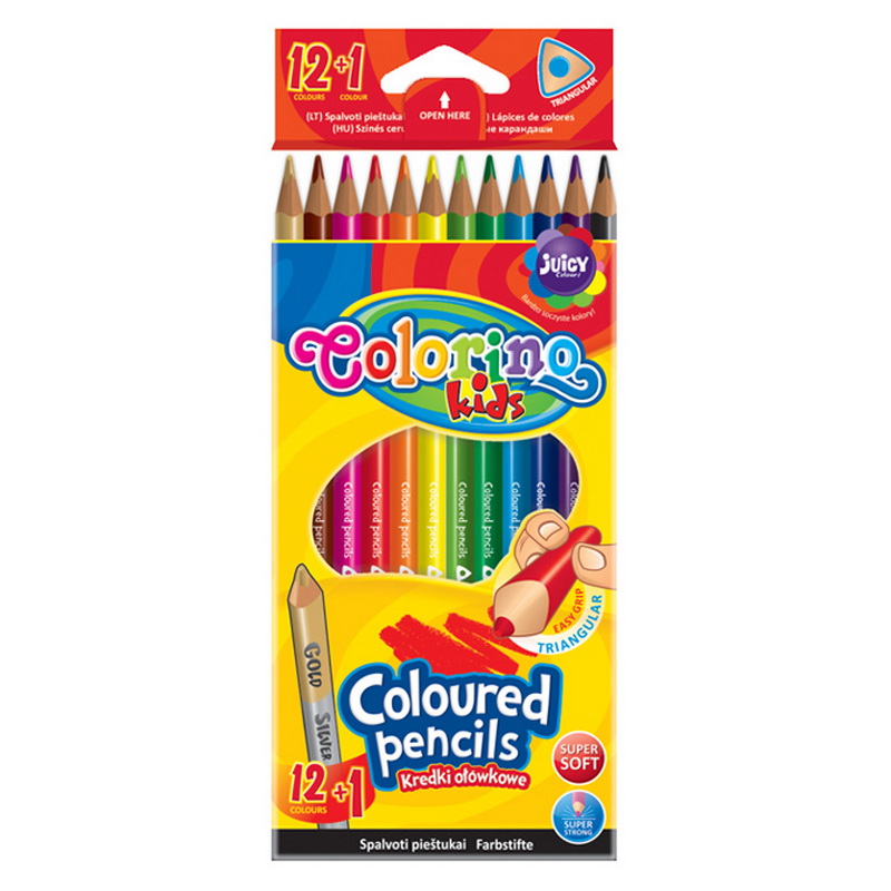Trīskrāsu zīmuļi COLORINO Kids 12+1 krāsas, zelta/sudraba