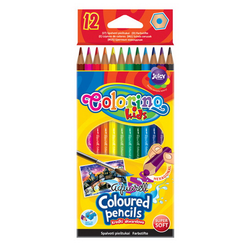 Krāsainie akvareļu zīmuļi COLORINO 12 krāsas, otiņa komplektā