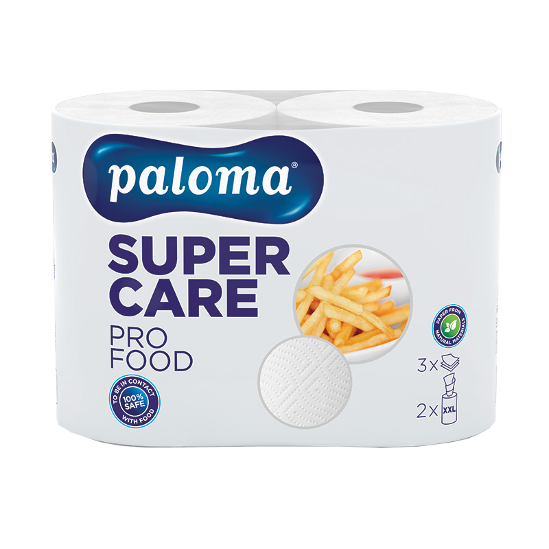 Papīra dvieļi PALOMA SUPER CARE Pro food, 3 sl., 2 ruļļi, baltā krāsā ar reljefu