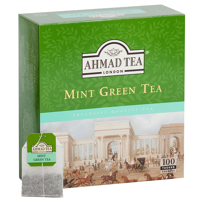 Zaļā tēja AHMAD GREEN MINT, 100 maisiņi paciņā