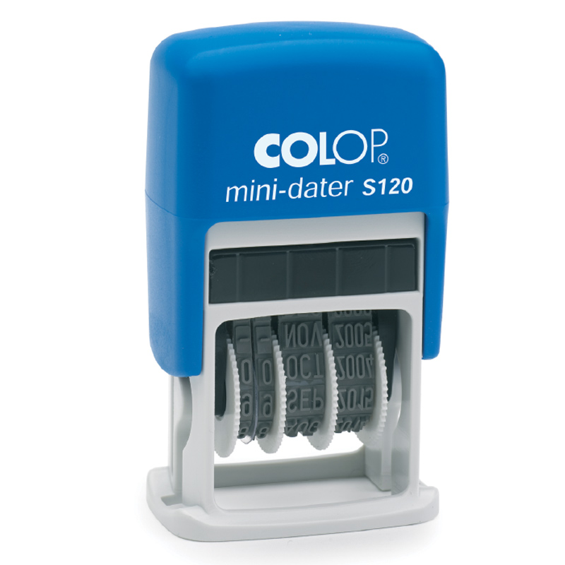 Zīmogs COLOP Mini-Dater S120 03 DD.MM.YYYY. (ciparu) zils korpuss, zils spilventiņš